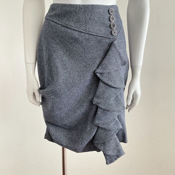 Vintage Anthro Eva Franco Tweed Skirt Gray Navy Stripe Ruffle 2 - Picture 7 of 8